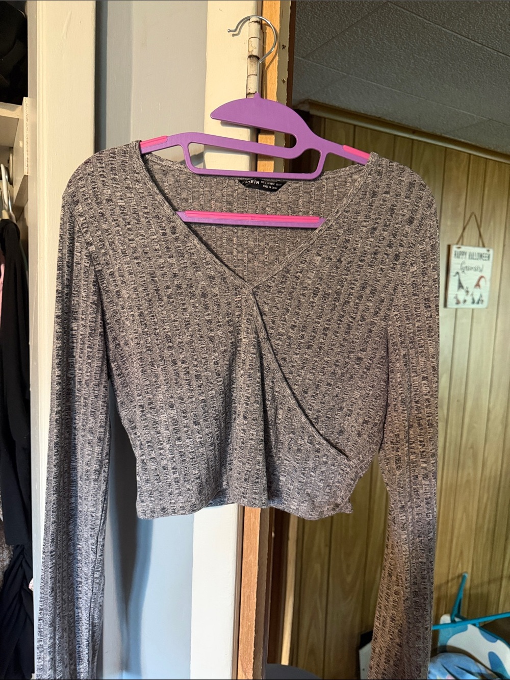 SHEIN Gray Ribbed Cropped Wrap-Style Long Sleeve Top